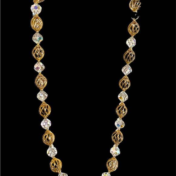 Vintage Crystal Gold Plated Beads Necklace Aurora Borealis Faceted Crystal Bead - Picture 1 of 12